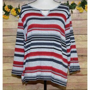 Alfred Dunner Women's 2X Striped Ribbed 3/4 Sleeve Knit Top Shirt Beaded V-Neck